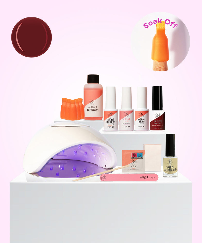 Starter Kit Vernis Semi-Permanent Soak Off DEEP RED + PREMIUM Lampe Led + Huile nourissante Gratuite